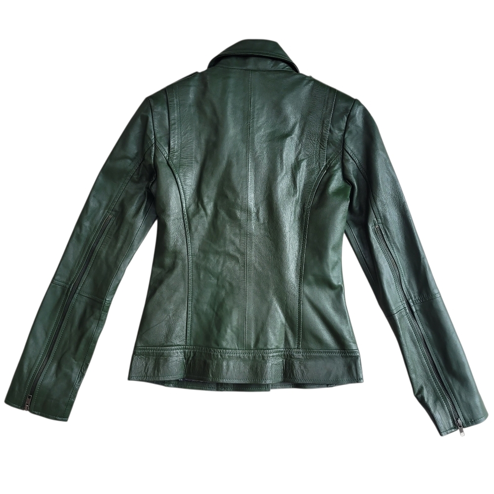 Sara Leather “Experience the Fashion” 100% Genuine Lambskin Green Moto Jacket XS - Picture 3 of 15